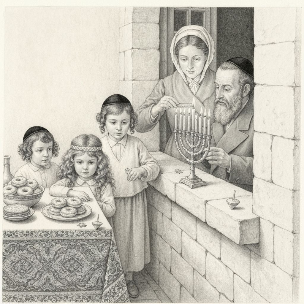 Chasidic Family Lighting Chanukah Candles in Graphite Art