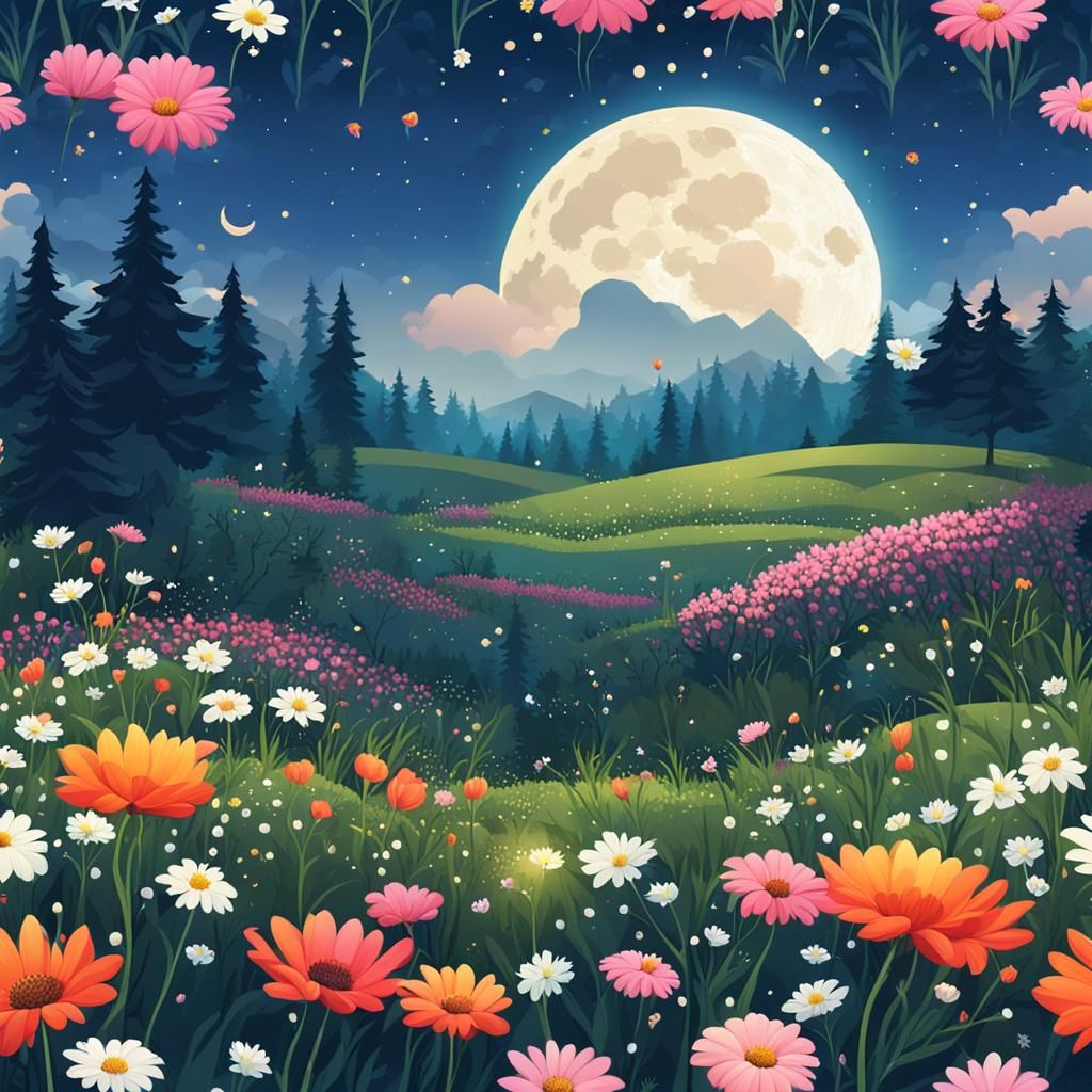 Moonlit Flower Meadow: A Nighttime Bloom