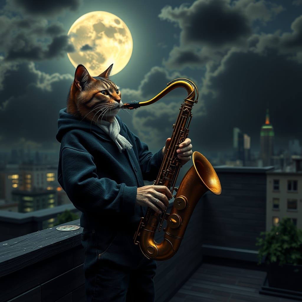 Cat Saxophonist on Rooftop in Dark Fantasy Style