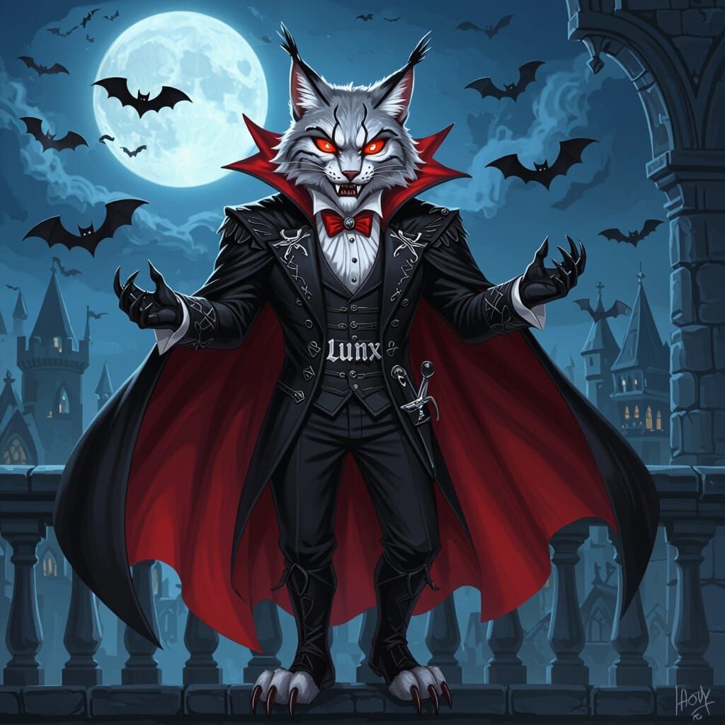 Lynx Vampire Lord on Castle Balcony in Cartoon Style