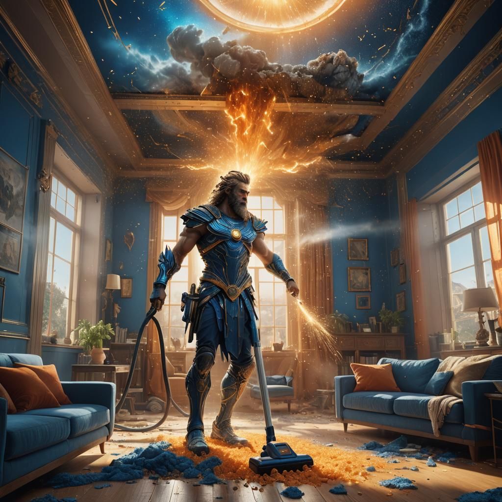 Zeus's Modern Cleaning Challenge: A Digital Painting