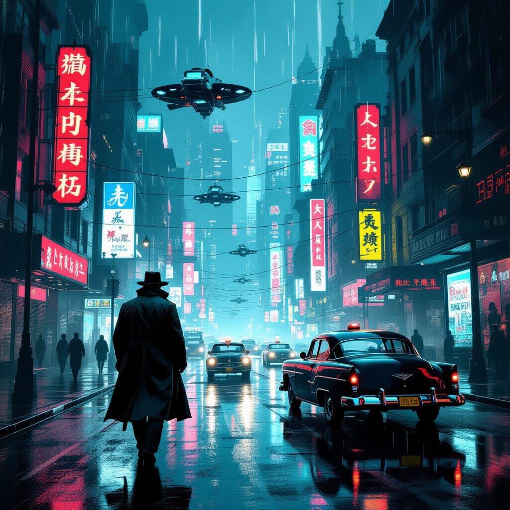 Grizzled Detective in Neon Dystopian Metropolis