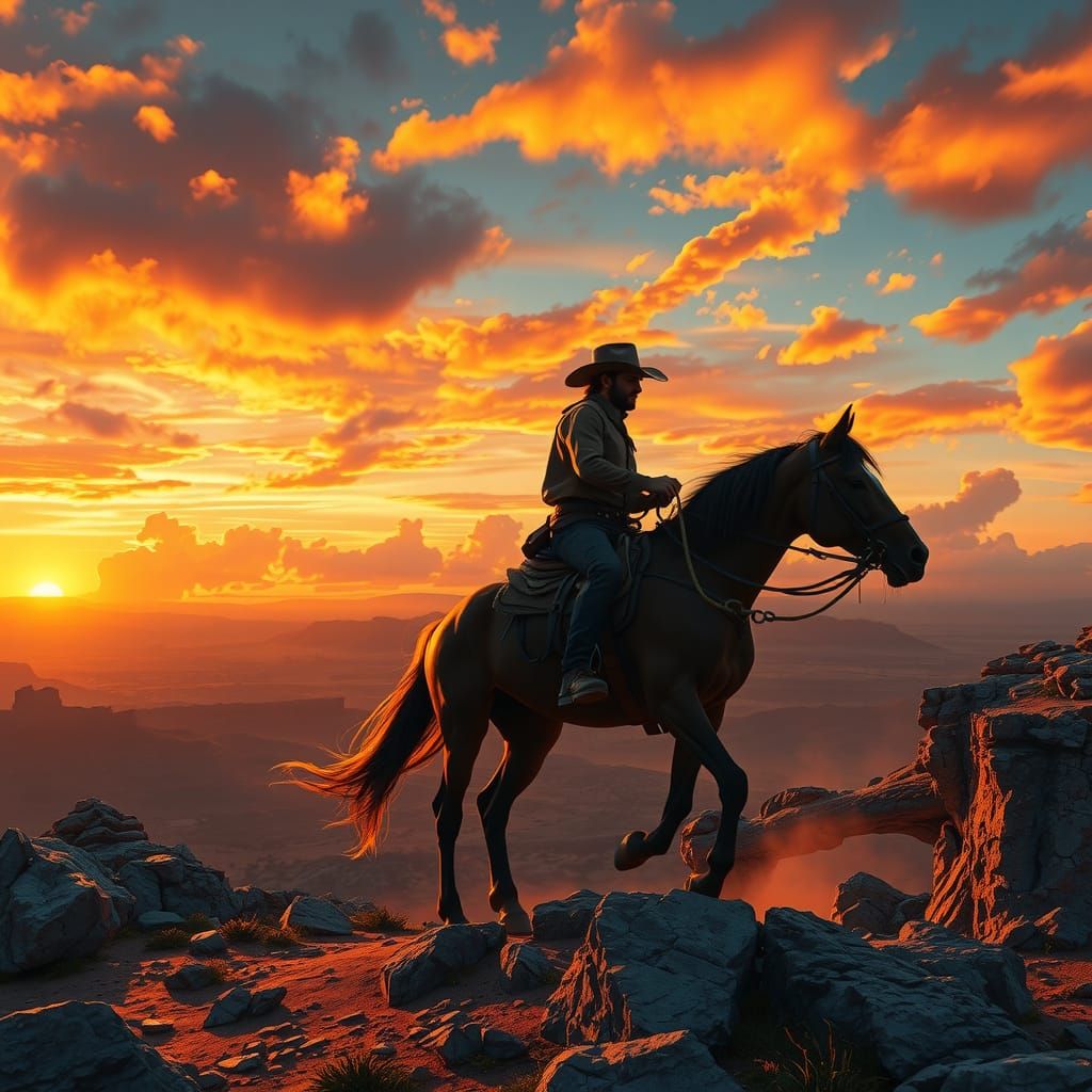 Cowboy Rides into Sunset: Digital Art