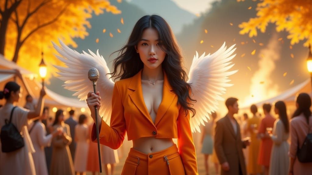 Asian Woman with Angel Wings and Orange Outfit
