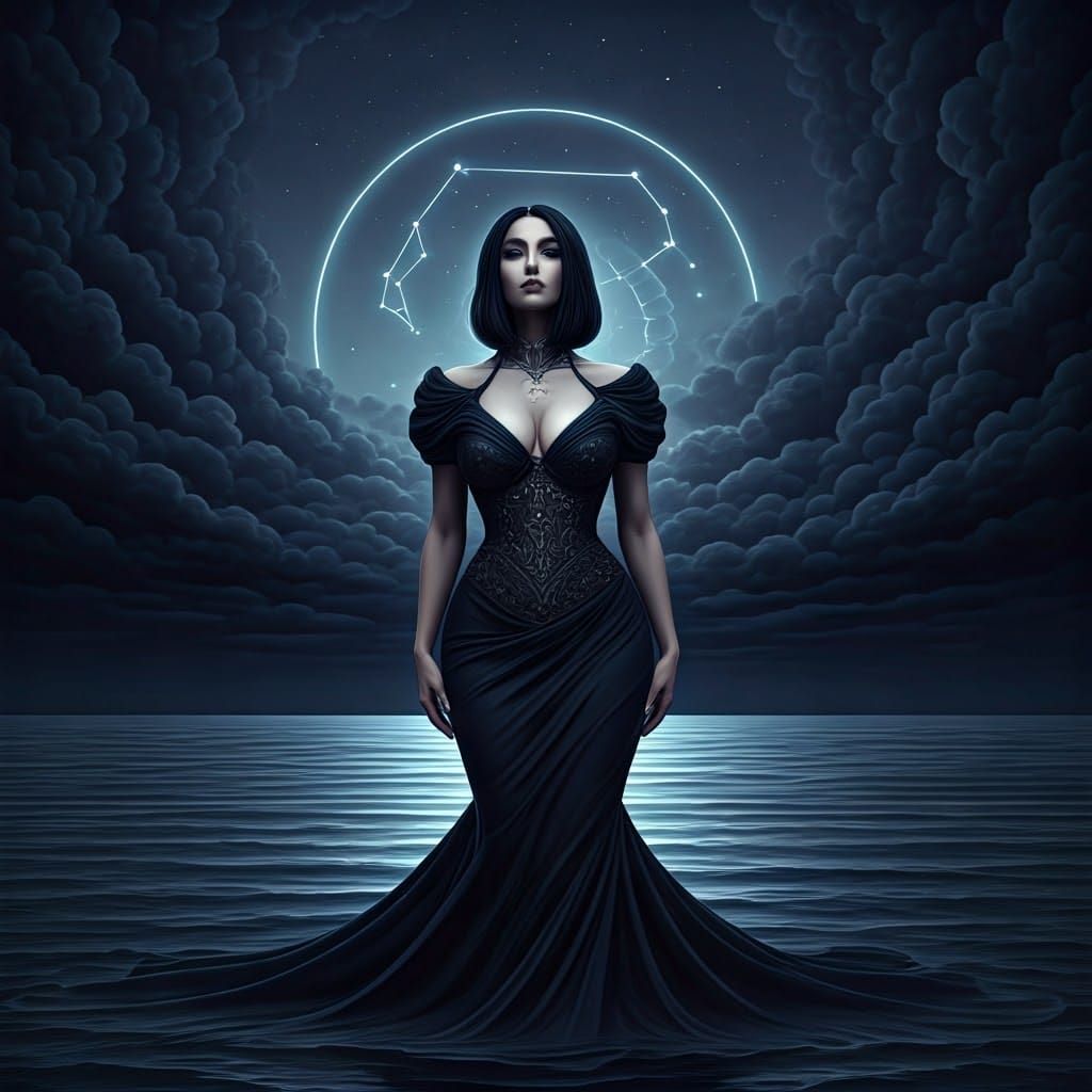 Enigmatic Woman Commands the Dark Ocean Night