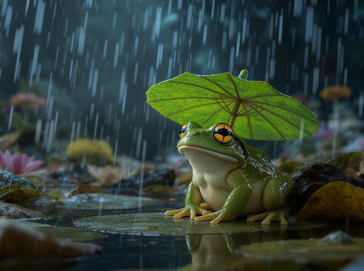 Frog Under Lilypad Umbrella in Rainy Forest