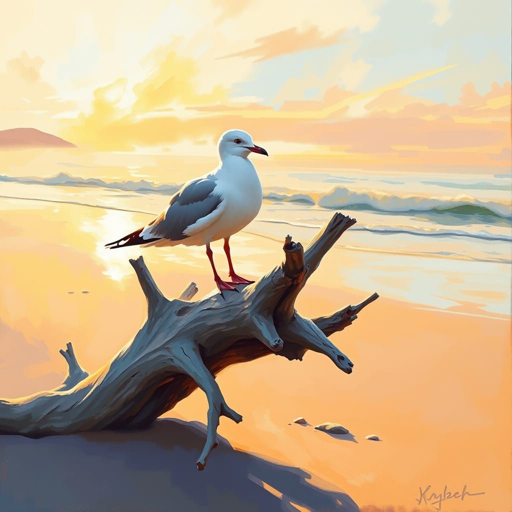 Seagull on Weathered Driftwood at Serene Beach Sunrise