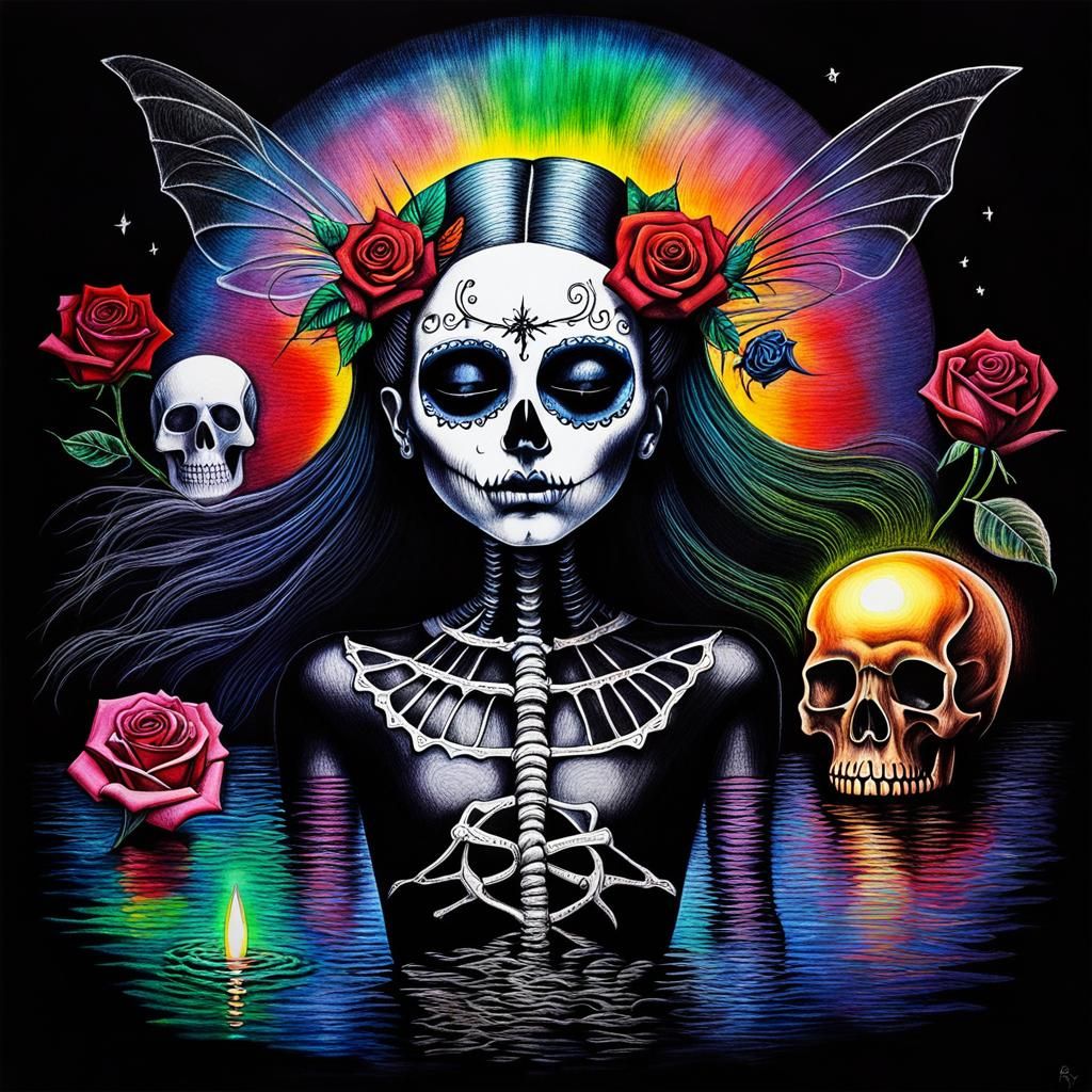 Surreal Crayon Drawing of Goth Woman