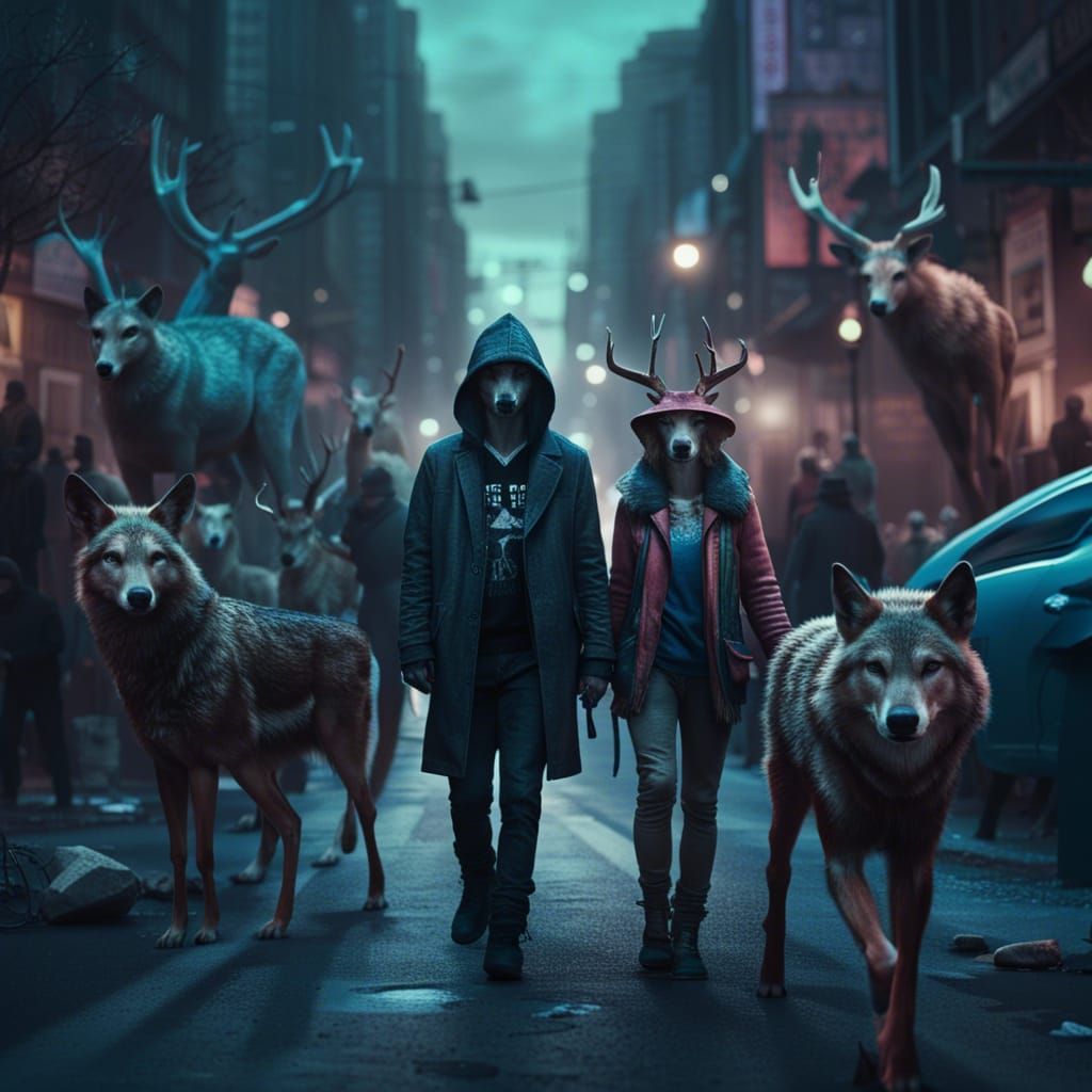 Anthropomorphic Wolf and Deer in Noir Cityscape