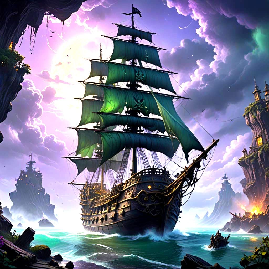 Skeletal Pirate Sails an Epic Flying Ghost Ship
