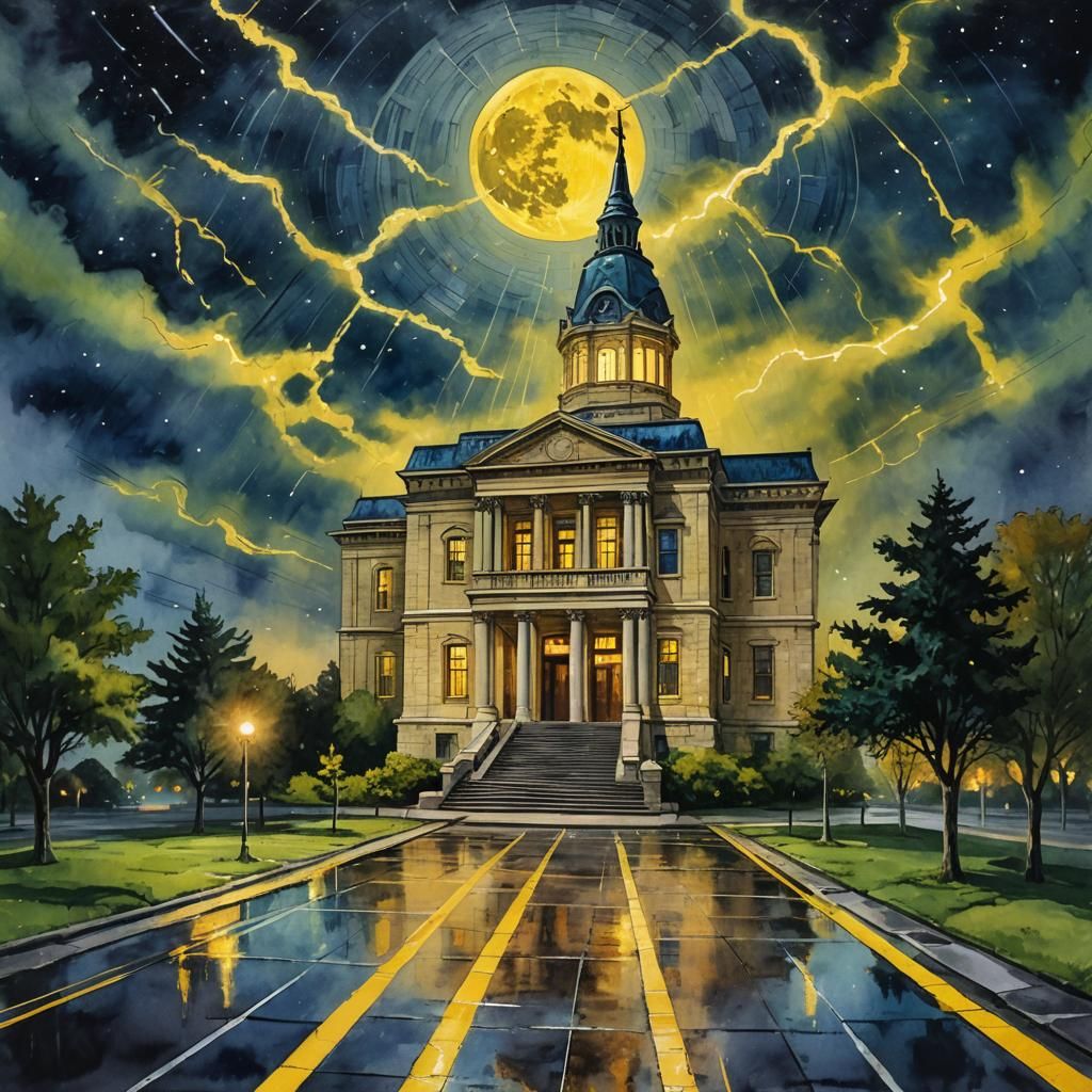 Gouache Masonic Temple on Moon with Yellow Rain