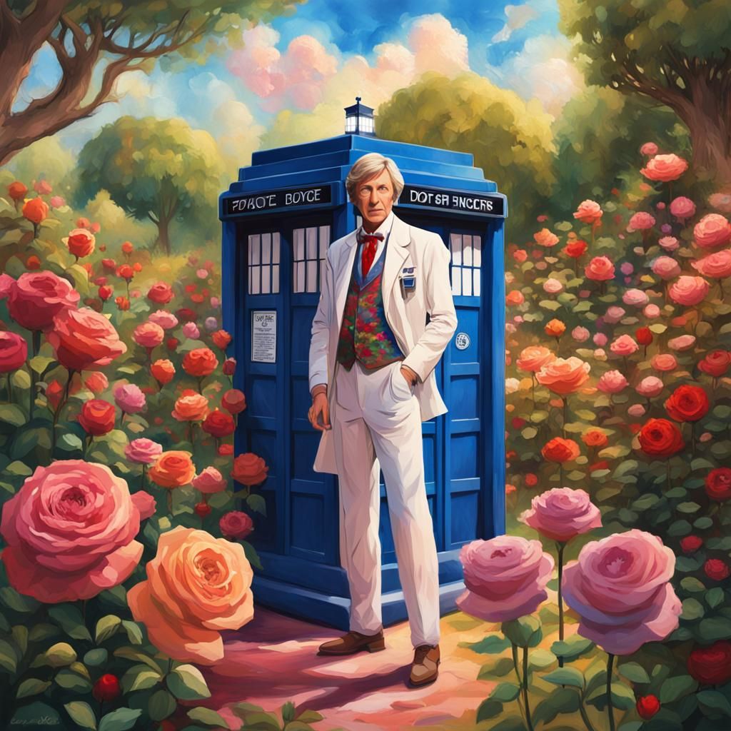 Fifth Doctor and TARDIS in Rose Garden