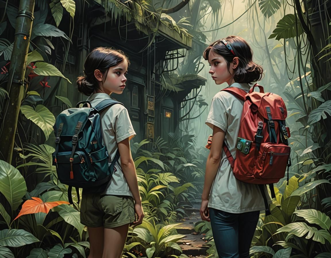 Girls Explore Jungle Ruins, Detailed Line Art
