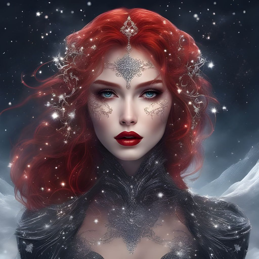 Gothic Red-Haired Enchantress with Glowing Stars