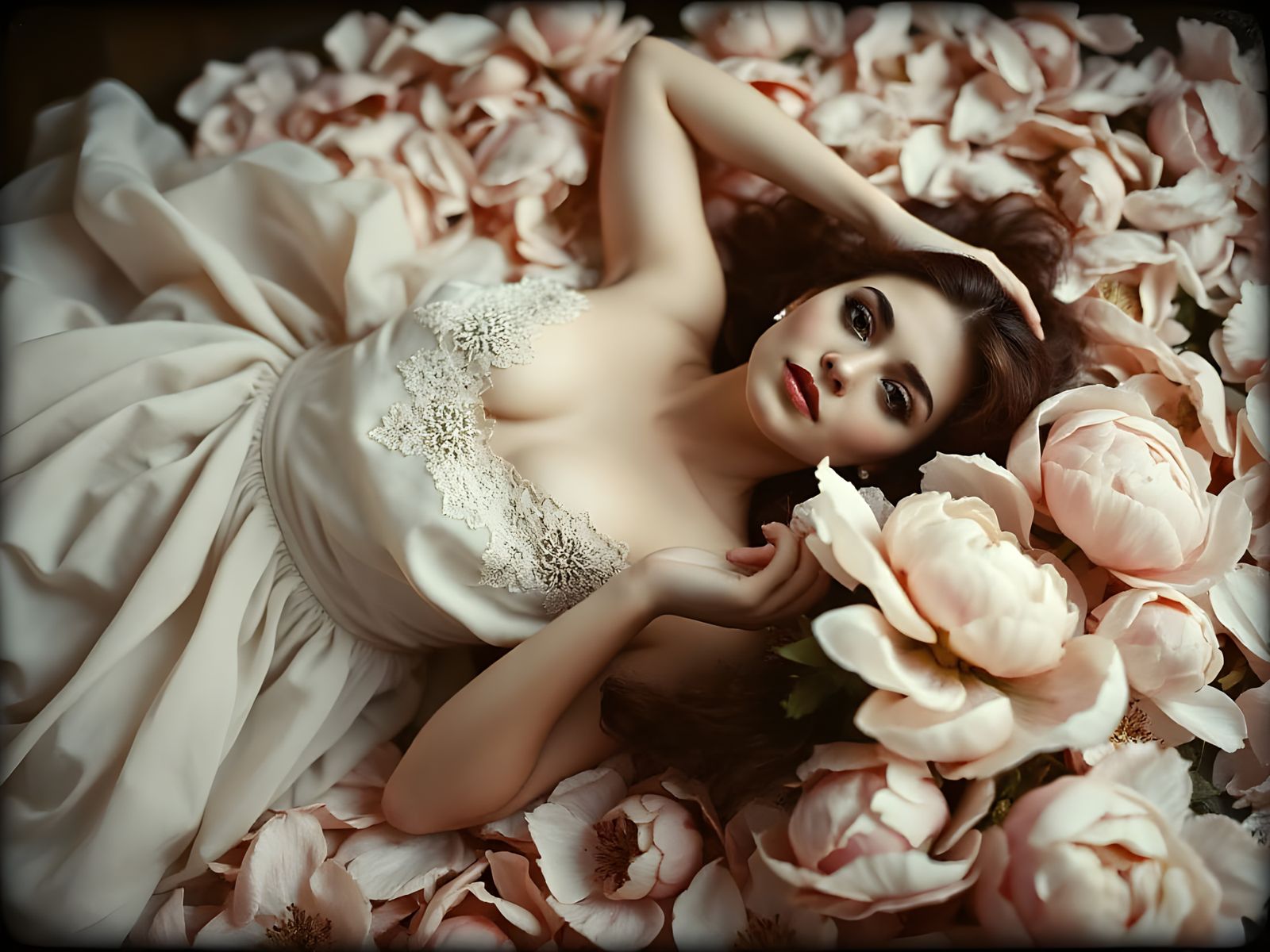 Woman in Pinhole Photo Lying on Peonies