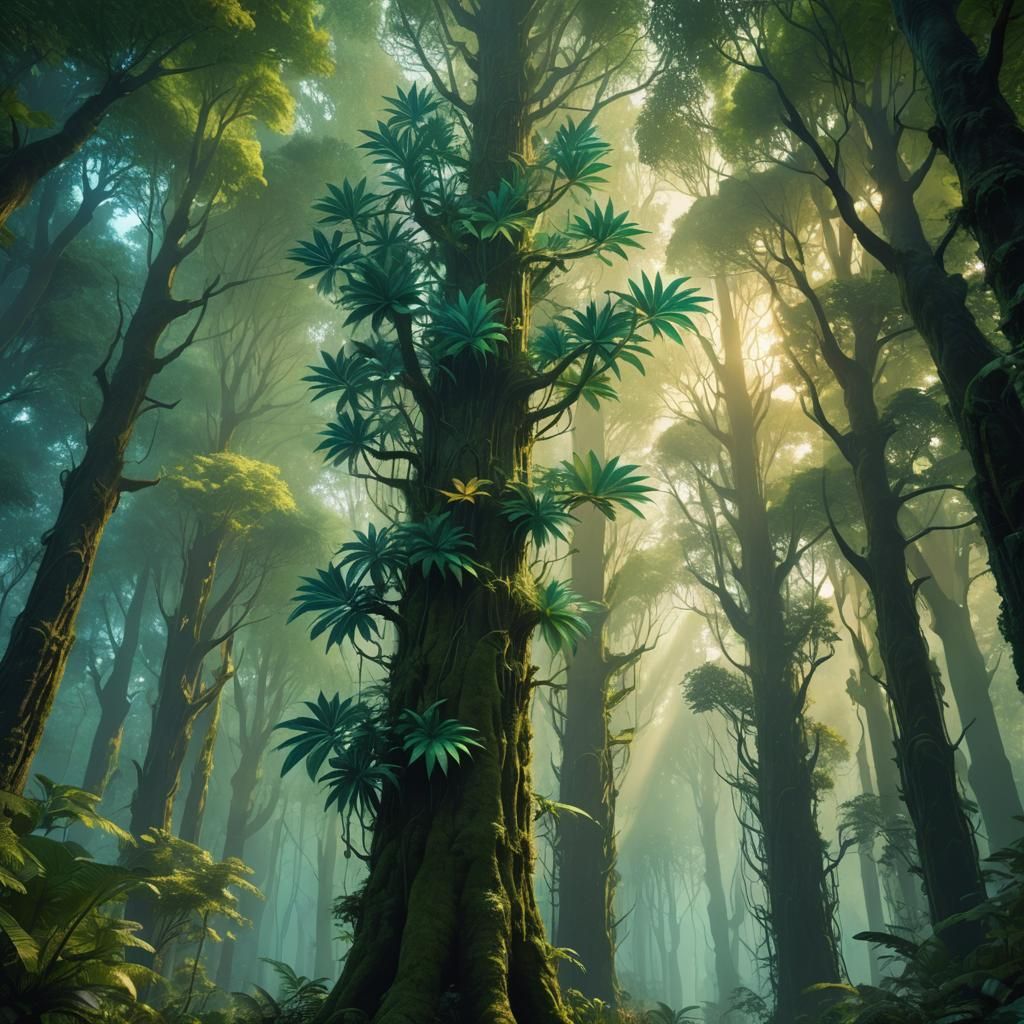 Mystical Forest: Towering Green Spike Leaf Trees