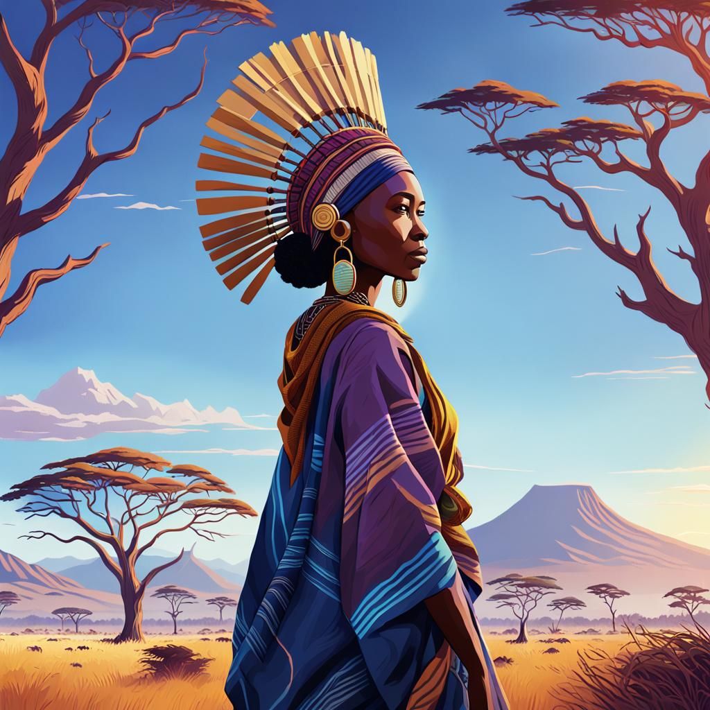 African Woman in Savannah: Vibrant Digital Art