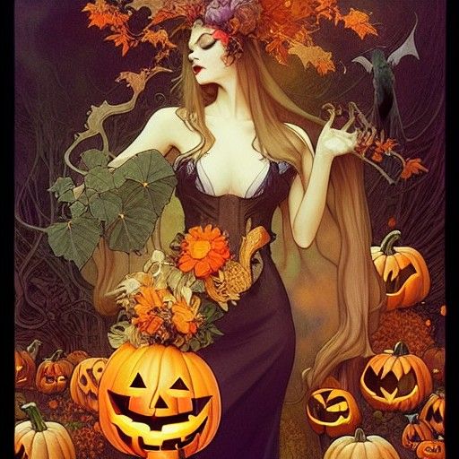 Halloween Queen with Black Cat, Detailed Matte Painting