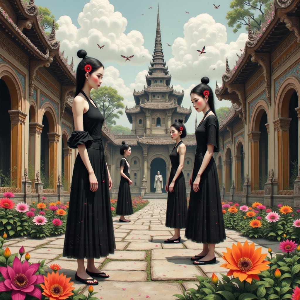 Women in Black at Thai Temple, Folk Art Style