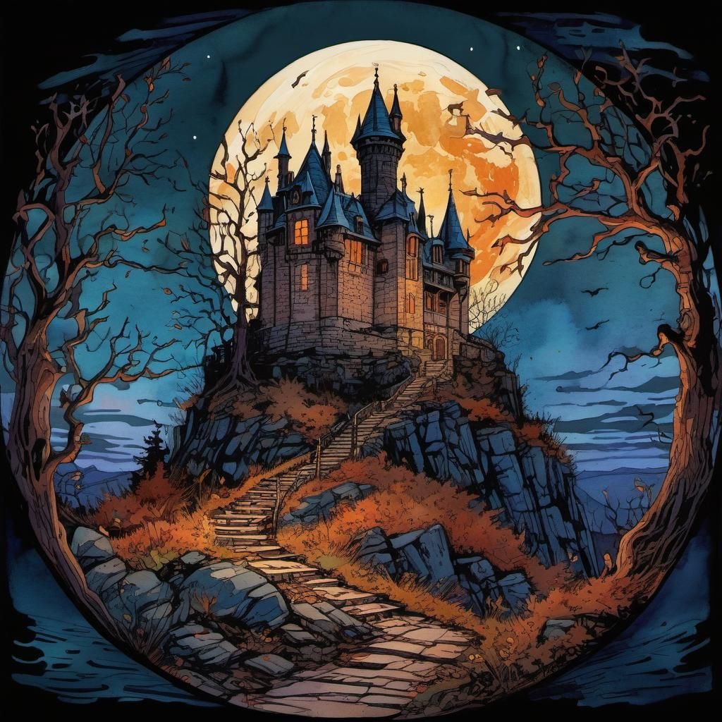 Gothic Castle Under Moon in Watercolor Vector Art