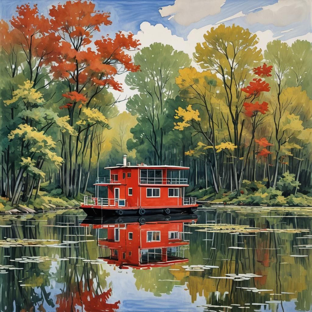 Red Houseboat on Lake, Mondrian Gouache Style