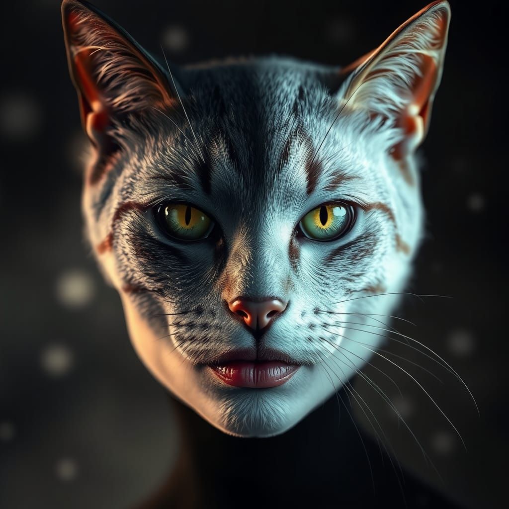 Mystical Woman-Cat Hybrid in Surreal Style