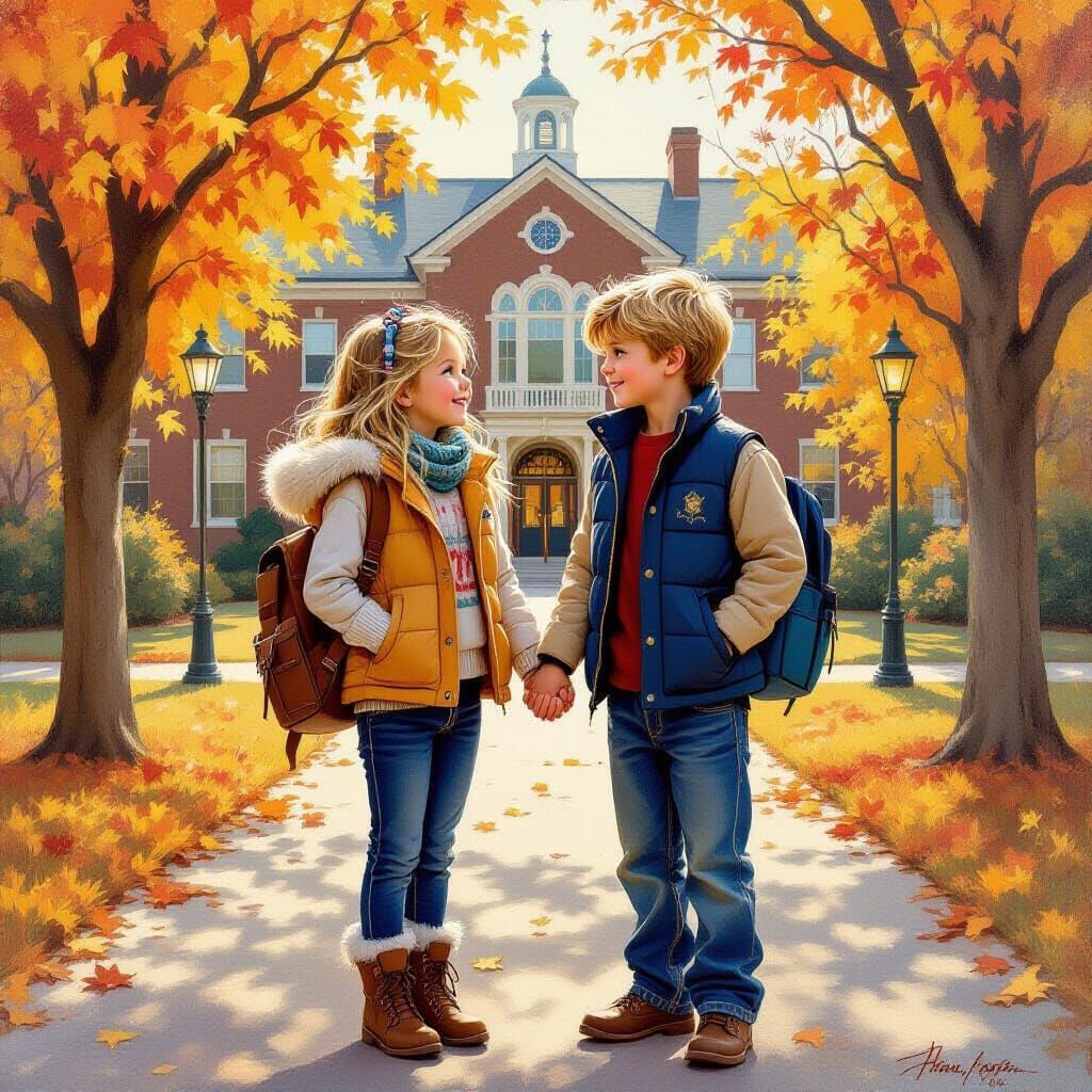 Children at School in Autumn Oil Painting Style