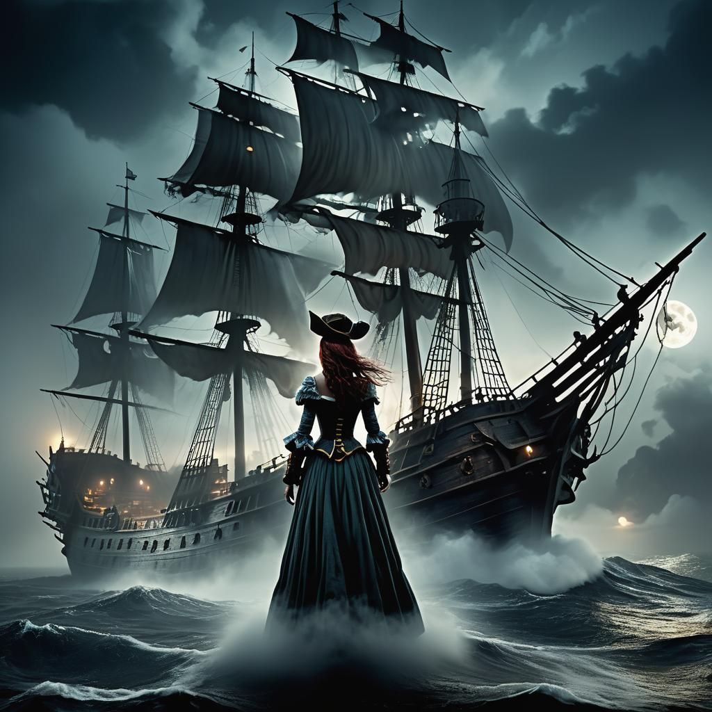 Pirate Queen on Ghostly Ship at Night