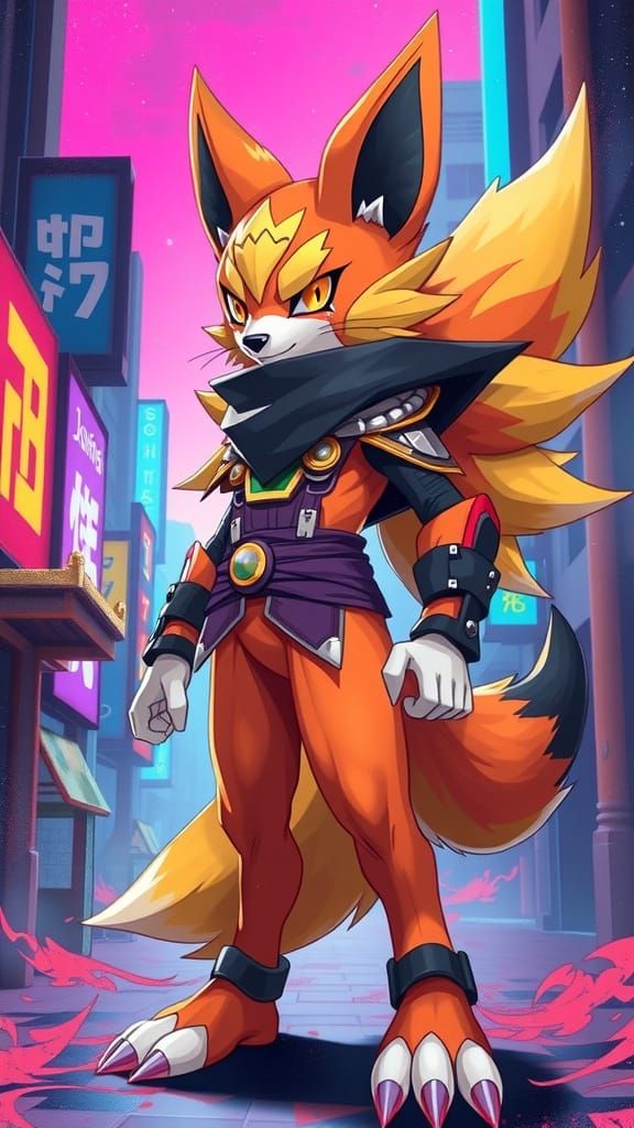 Renamon Digimon in Cyberpunk Digital Painting Style