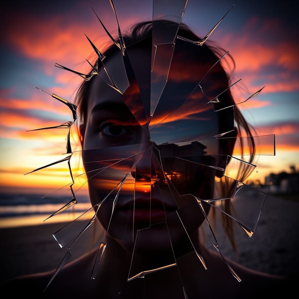 Double Exposure Sunset with Shattered Glass and Beach Houses...