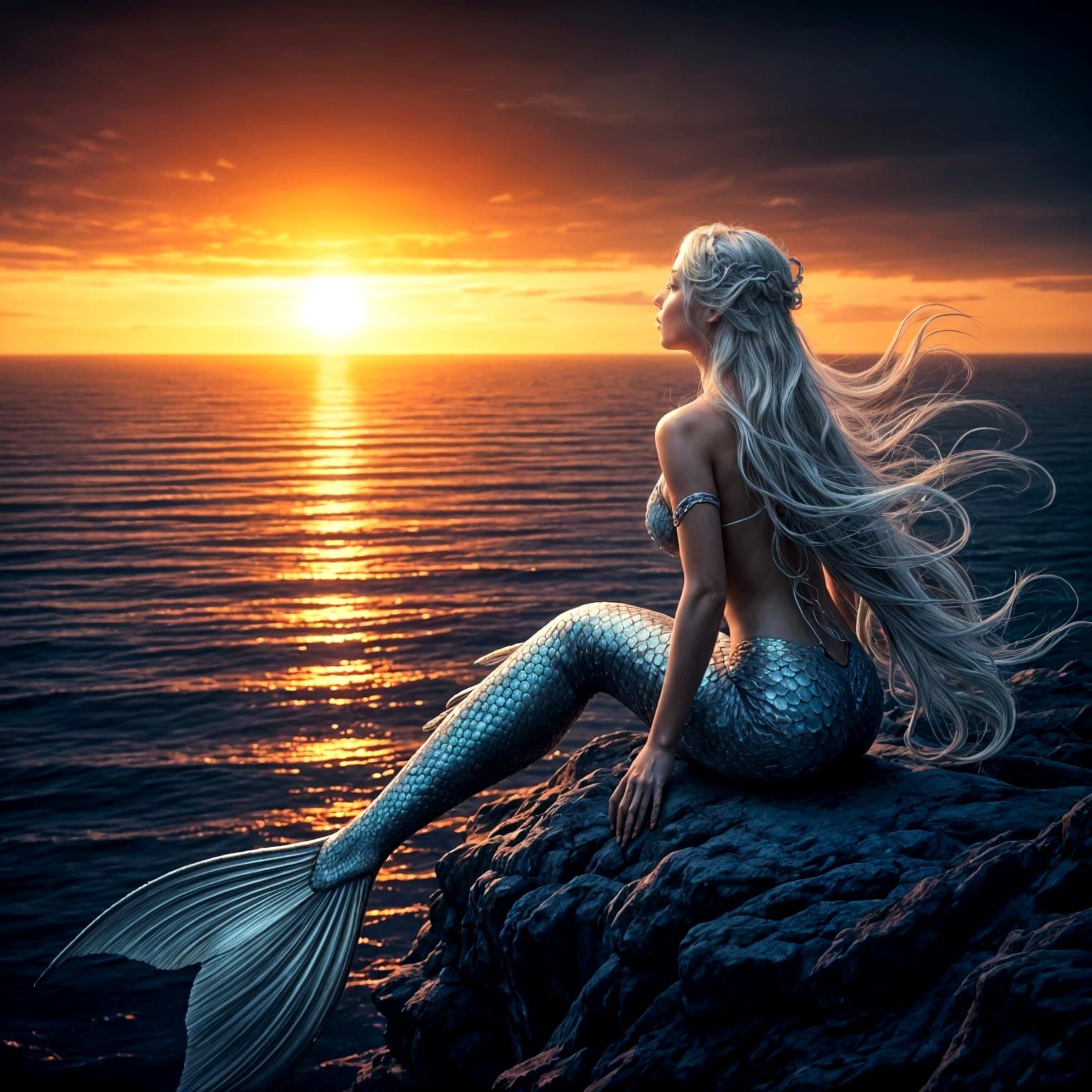 Glittering Mermaid Under Sunset Horizon