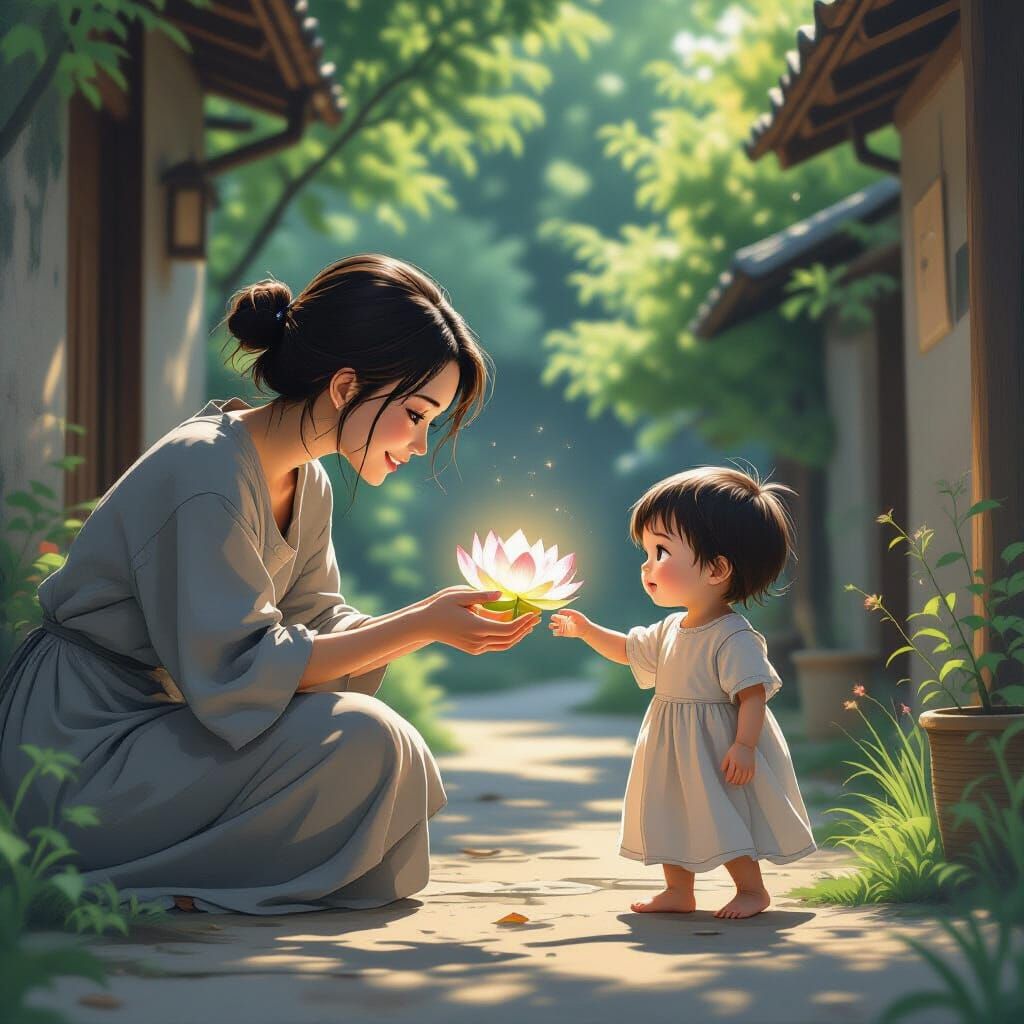 Heartfelt Scene of Mother and Child with Lotus Flower