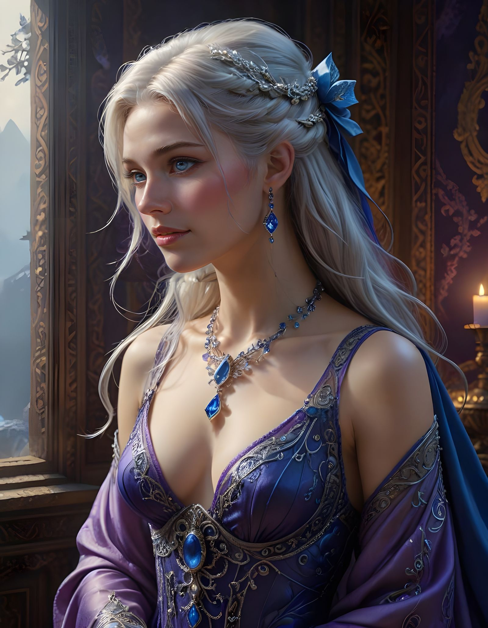 Enchanting Norse Goddess in Muted Silver and Sapphire