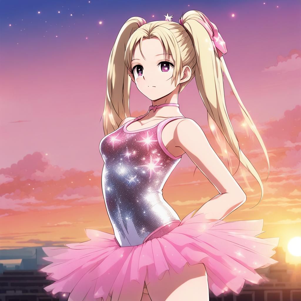 Girl in Leotard on Stage at Sunset: Anime Art
