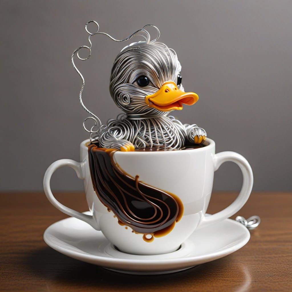 Silver Wire Chibi Duck in Coffee Cup