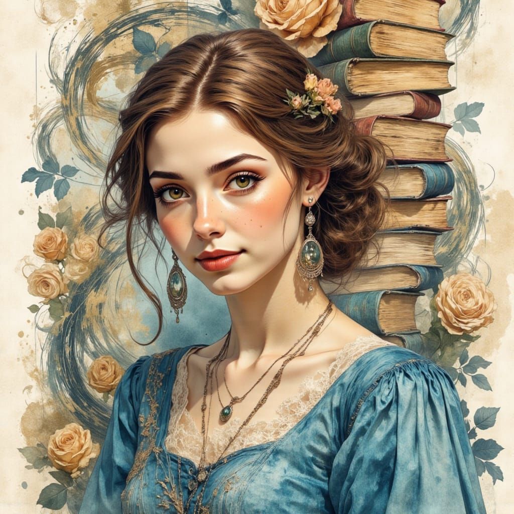 Belle Portrait in Woodcut and Watercolor Style