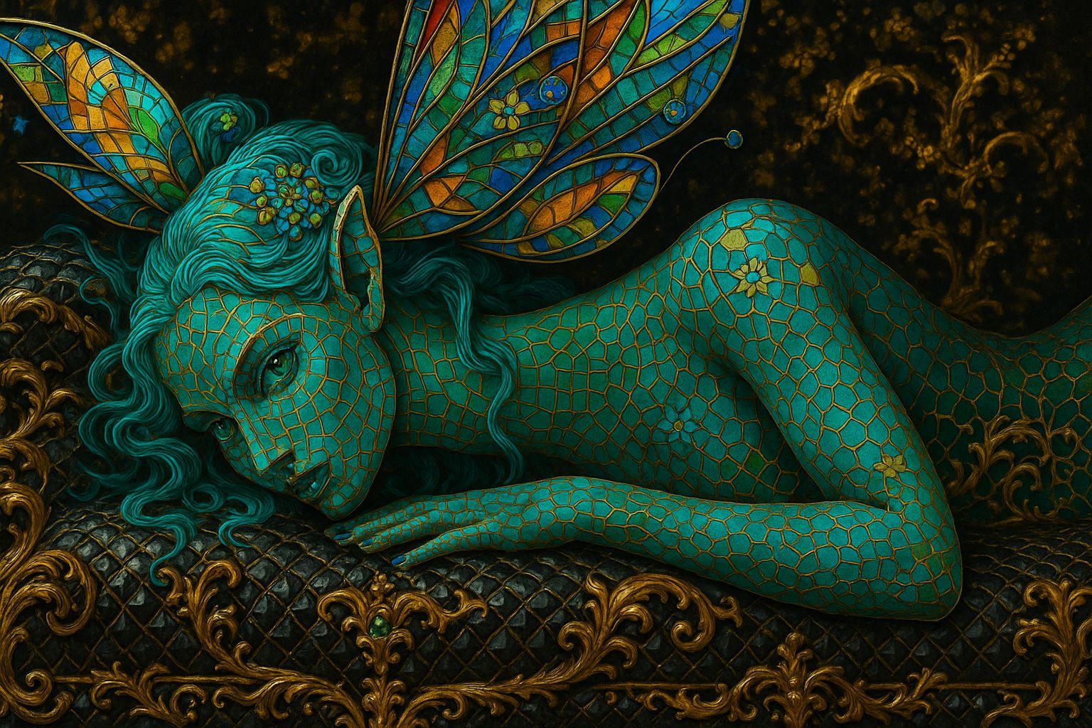 Mosaic Elf with Butterfly Hair on Dragon Couch