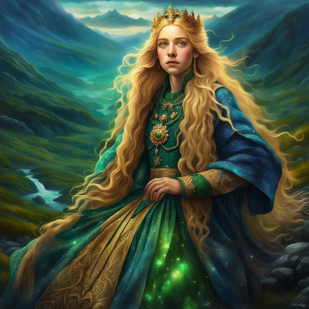 a very beautiful girl with very long golden hair and with bi...