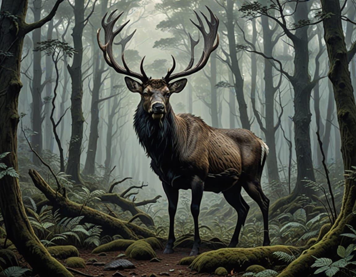 Ghostly Deer Guiding Traveler Through Enchanted Forest