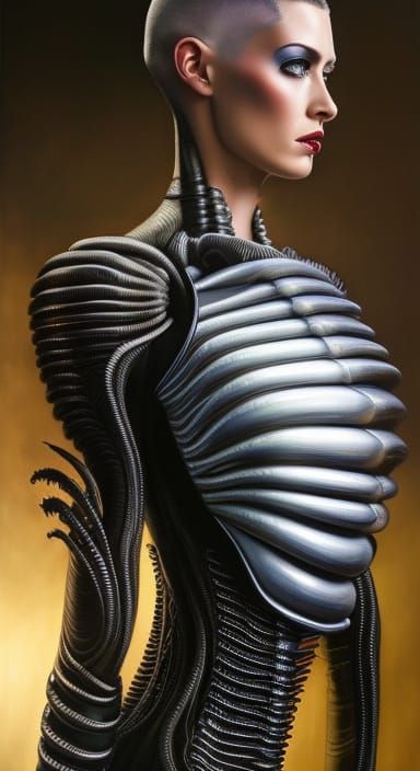 Cyberpunk Woman with Surreal Biomechanical Dress