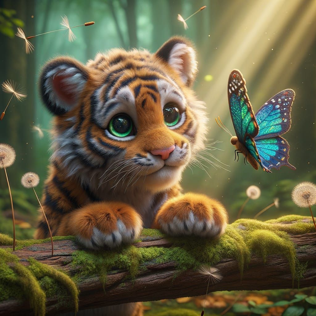 Adorable Tiger and Butterfly in Hyper-Realistic Style