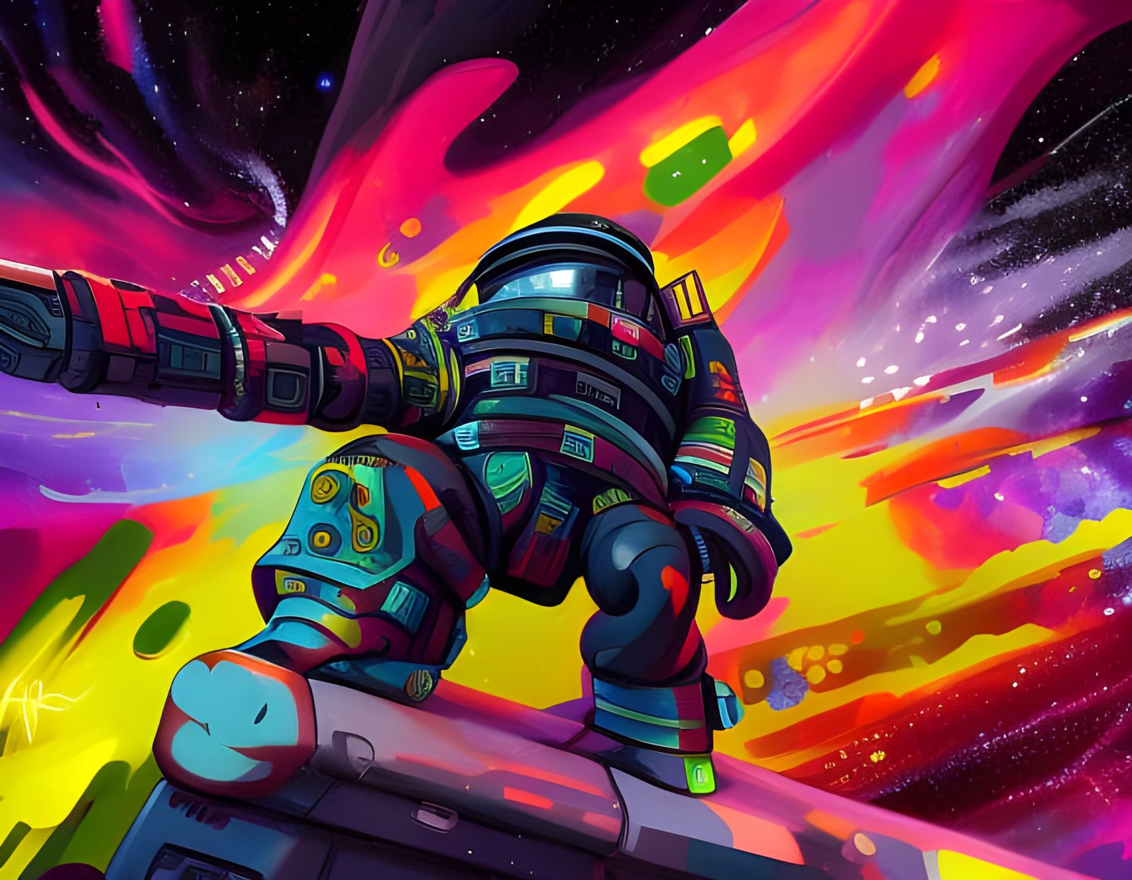 A space pirate and his spaceship graffiti art, splash art, street art, spray paint, oil gouache melting, acrylic, high c...