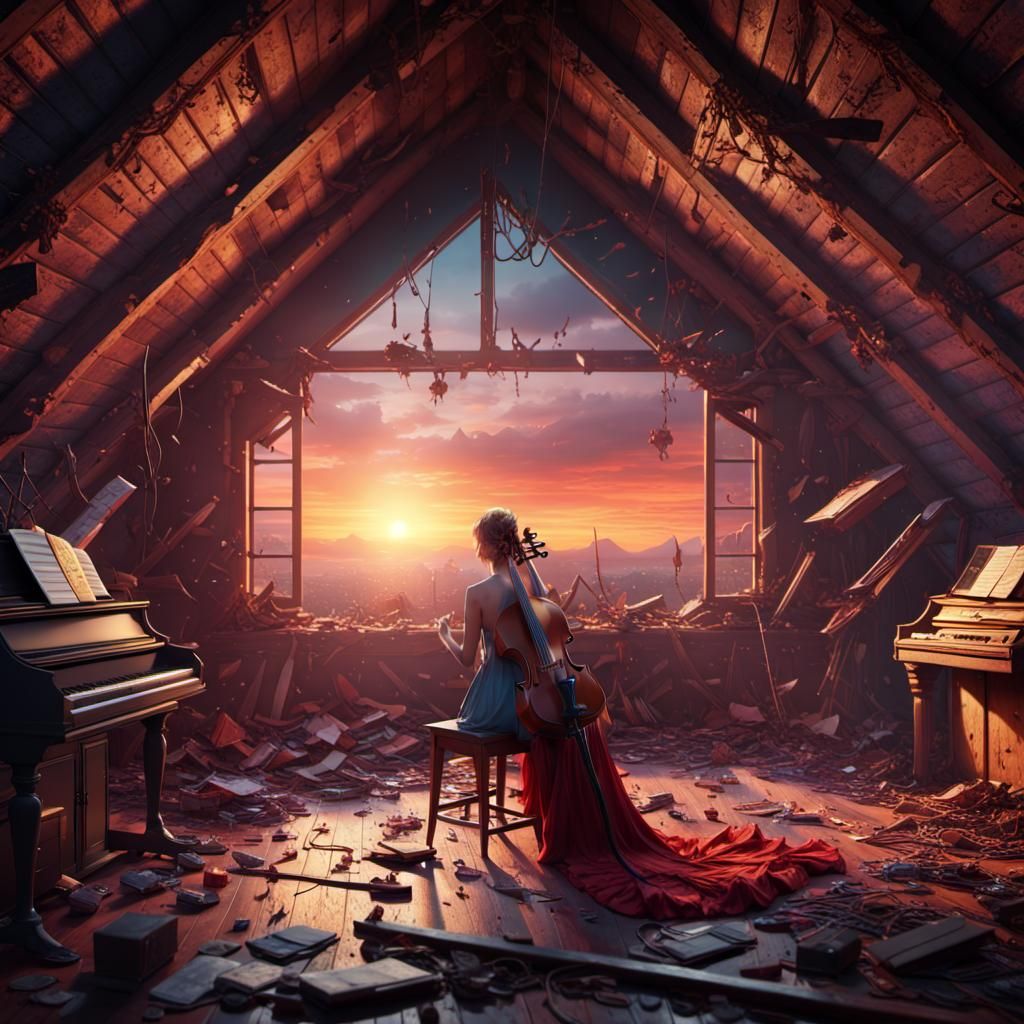 Heartbroken Woman in Attic at Sunset: Detailed Matte Paintin...