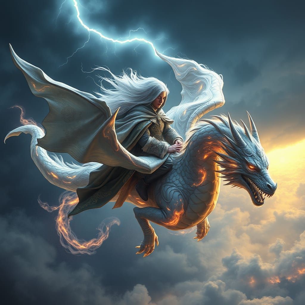 Warrior-Mage Soaring on Ethereal Dragon Through Storm