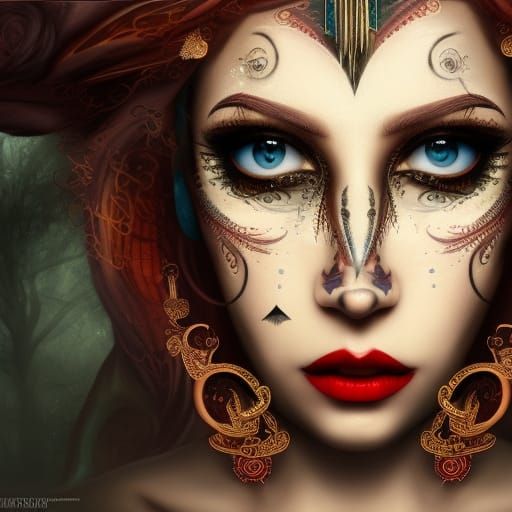 Beautiful Woman with Tribal Makeup and Alchemy Magic