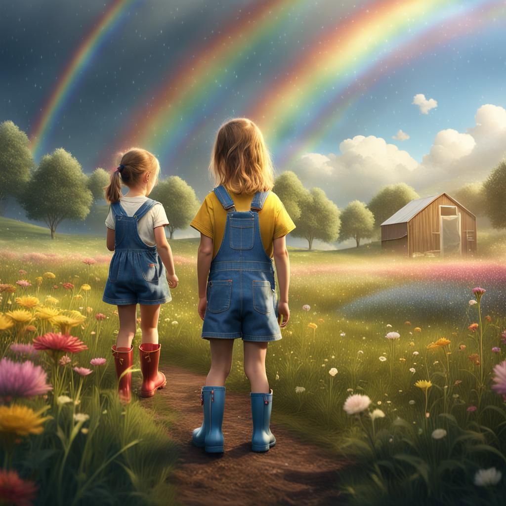 Sisters Admire Rainbow After Storm, Fantasy Art