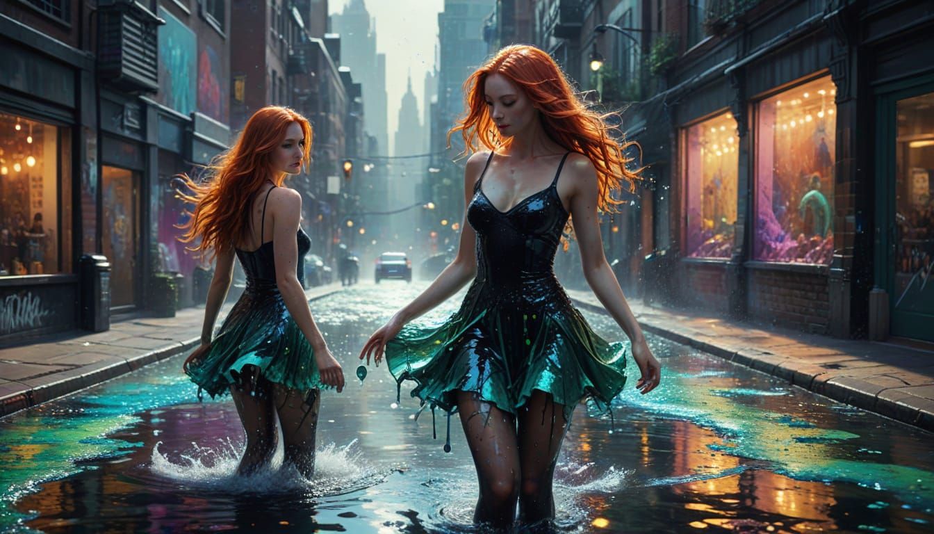 Bioluminescent Metropolis with Redhead Women