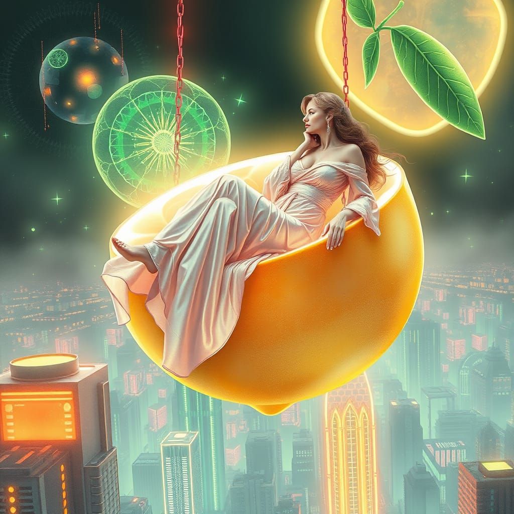 Aphrodite in Cyberpunk Cityscape with Citrus Fruit