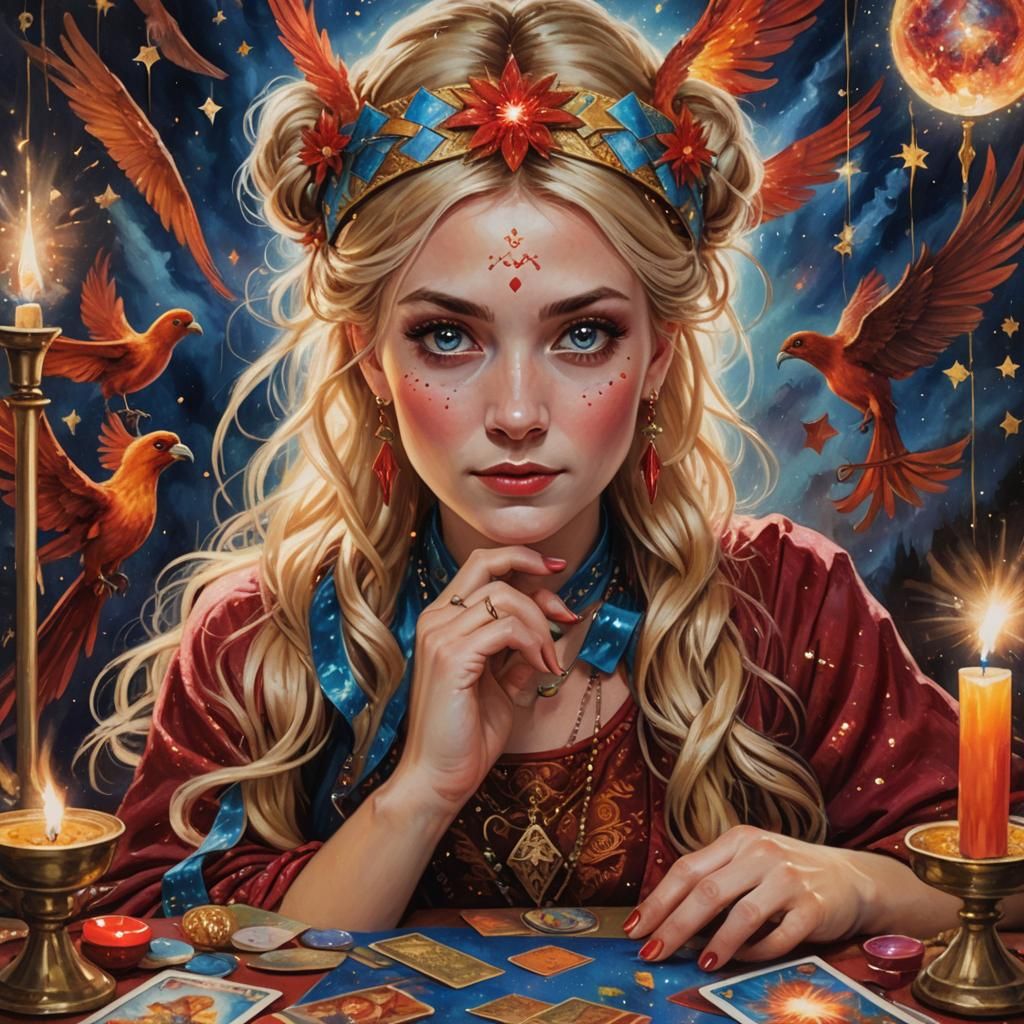 Tarot Reader in Pre-Raphaelite Style with Phoenix Headband