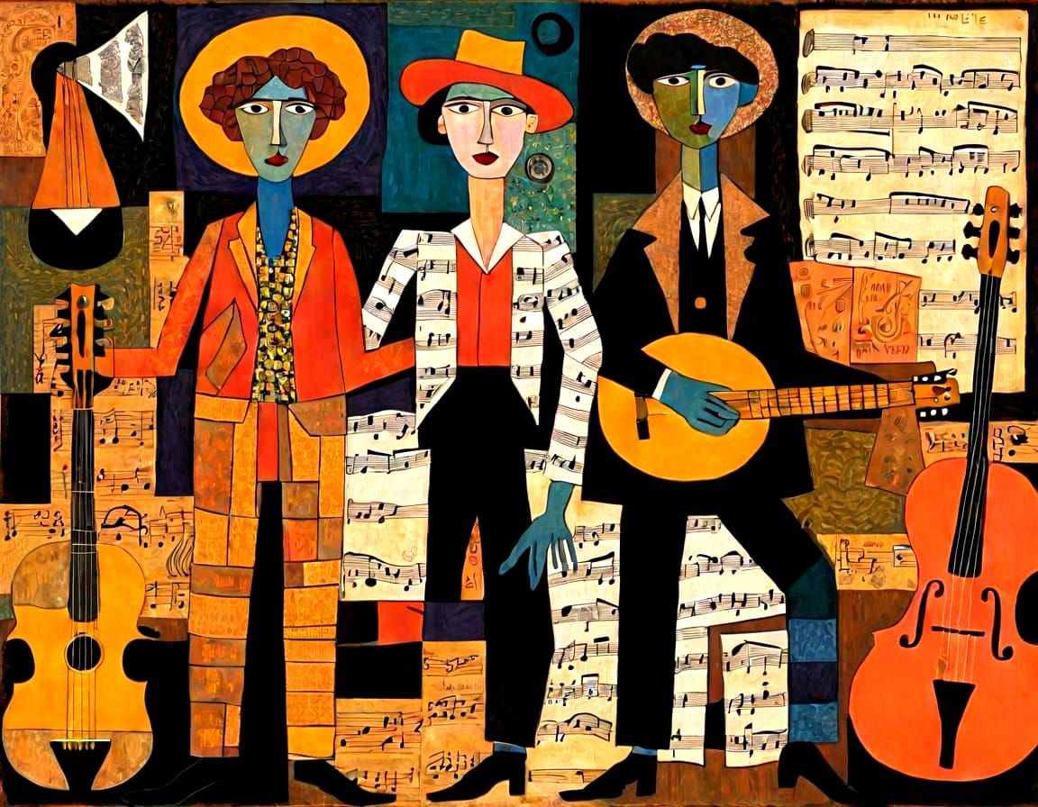 Country Musicians in Moody Folk Art Collage